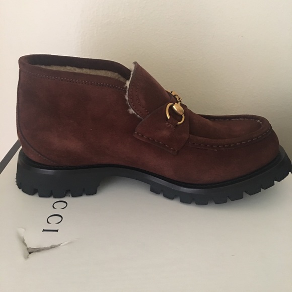 NEW GUCCI MEN'S BROWN SUEDE SHEARLING FUR HORSEBIT BOOTS/Loafer size G8/US 8.5 - Picture 4 of 9